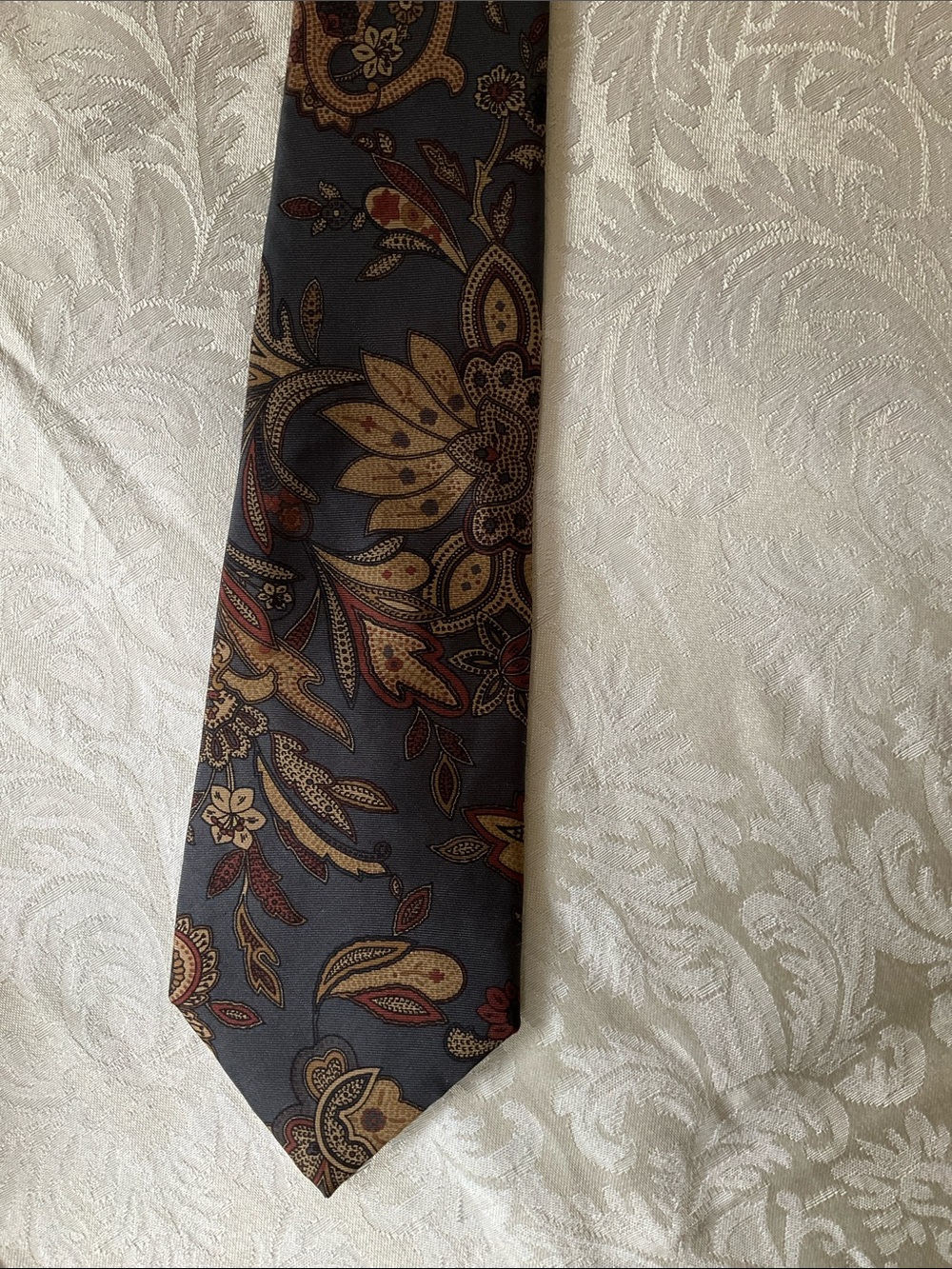 Gray Paisley Men's Tie with Red and Tan Floral Accents